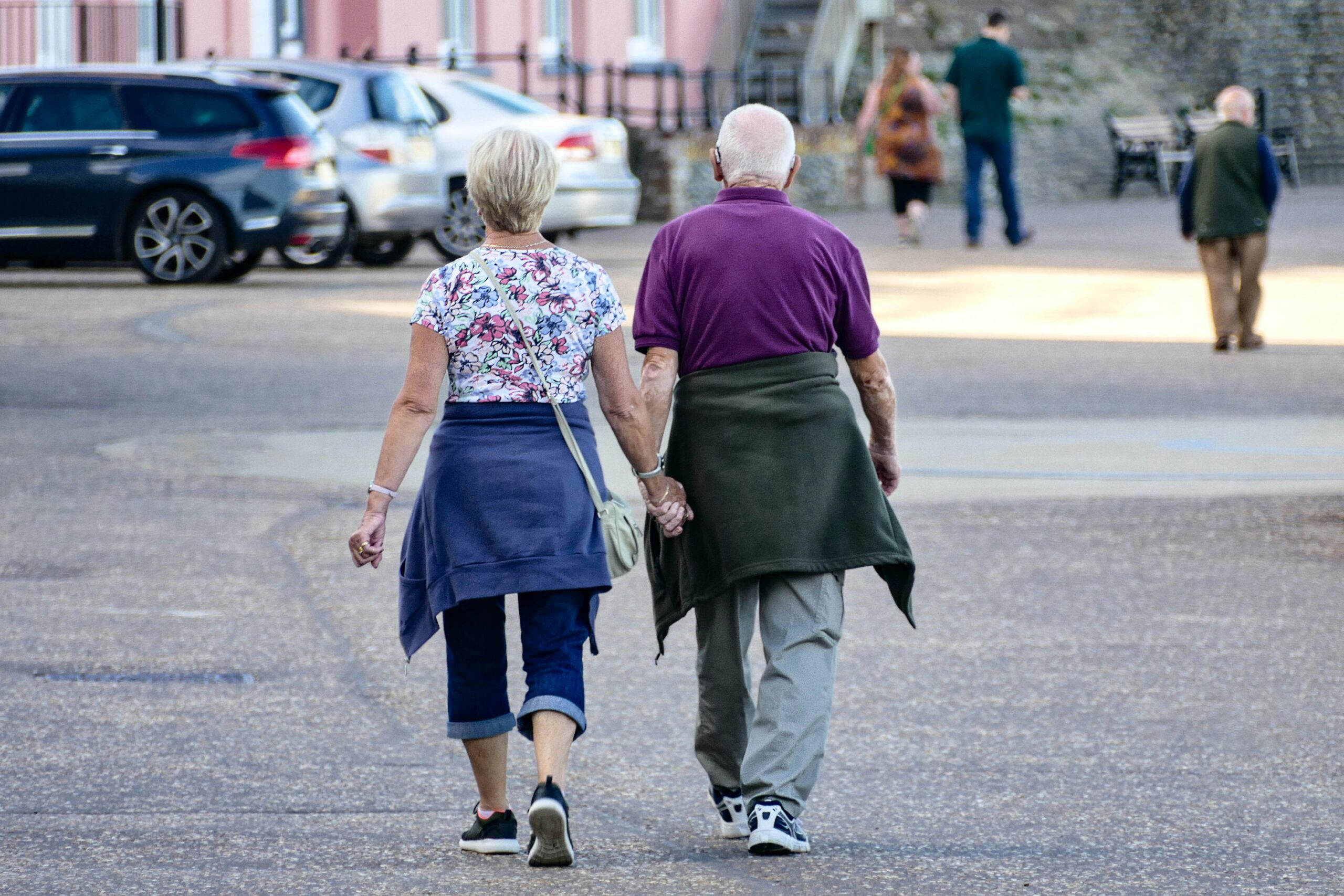 therapy for grief.  seasoned couple photographed from behind holding hands