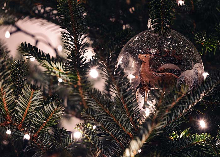 self-care balance holiday.  reindeer ornament on tree