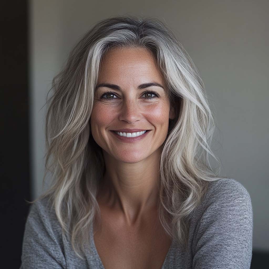 grief therapy. middle aged woman smiling into camera