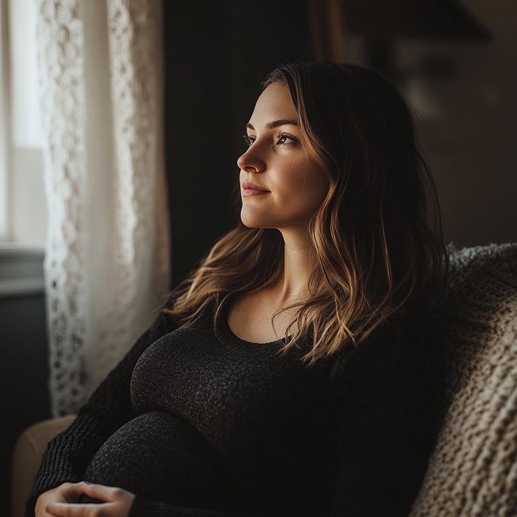 therapy for moms. pregnant woman staring off into space